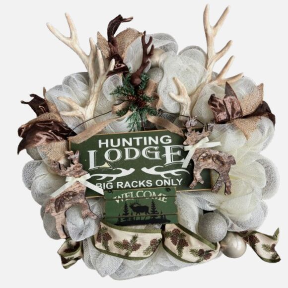 Handcrafted 22" Hunting Lodge Big Racks Only Holiday Front Entryway Door Wreath - Picture 1 of 5